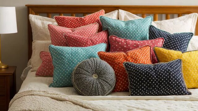 Shifting camera framing stacked decorative pillows in bedroom, revealing nightstand and white lamp