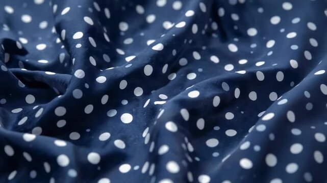 Pulling back camera revealing navy blue polka-dot fabric in studio, showcasing folds and texture
