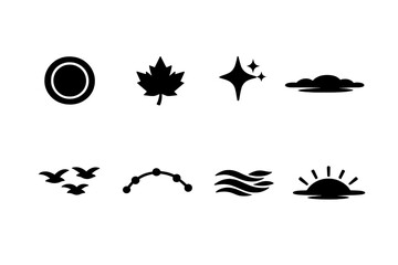 Fototapeta premium Autumn starlit sky. Filled icon set of Autumn starlit sky: moon halo, maple leaf, star sparkle, thin cloud