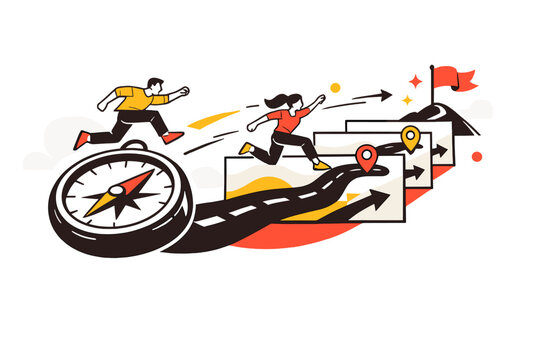 Vision to execution. Compass, goal flag, and layered roadmap panels aligned in perspective, elements flowing