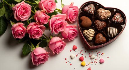 Heart-shaped box of chocolates surrounded by pink roses