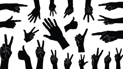 Black Silhouette Vector Set of Human Hand Gestures: Pointing, Peace Sign, Thumbs Up, and Victory Symbol for Communication, Non-verbal Language, and Body Expression Graphics