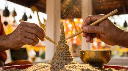 Two hands shaping sand pagoda for Songkran festival celebration  