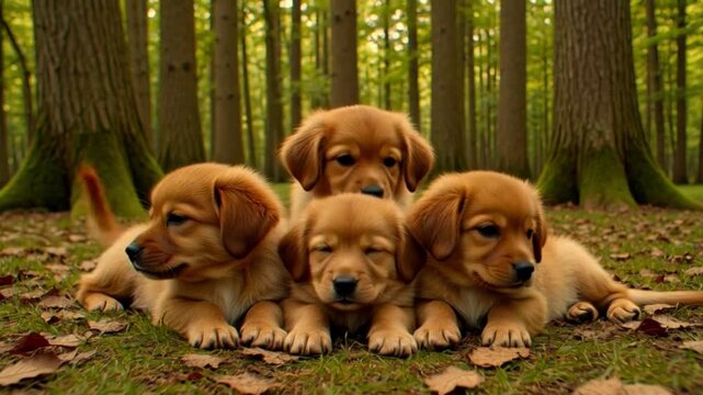 dog puppies resting quietly on the forest floor, lying close together on soft fallen leaves and grass, relaxed body language. video