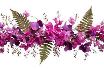 Horizontal garland of vibrant pink and purple flowers and fern foliage