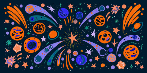 A colorful whimsical illustration of planets stars and shooting stars