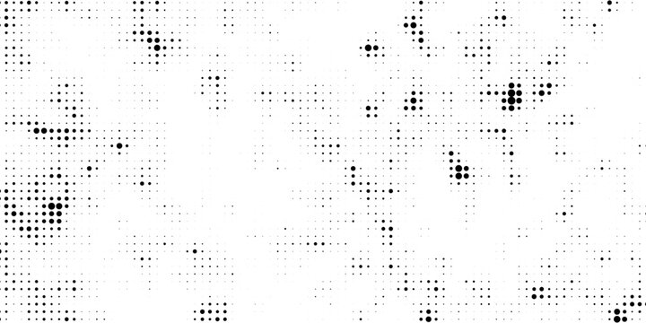 Grunge halftone gradient background. Faded grit noise texture. White and black sandy wallpaper. Retro pixelated backdrop. Anime or manga style comic overlay. Vector graphic design textured template