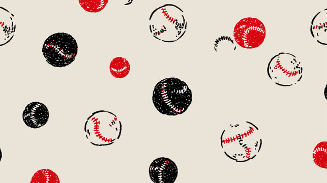 Vintage Baseball Seamless Pattern with Distressed Texture, Red and Black Balls, and Dots on a Light Background. Sports-Themed Backdrop.