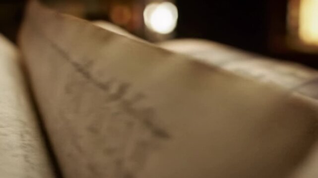 Close-up video pans aged, yellowed United States Constitution parchment, highlighting 'We the People' script with golden hour glow and bokeh effect, a concept of profound historical significance