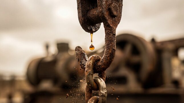 A close-up shot of a rusted chain dripping with a fluid against a cloudy sky, showcasing the passage of time.