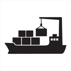 Silhouette cargo ship with containers being loaded vector illustration