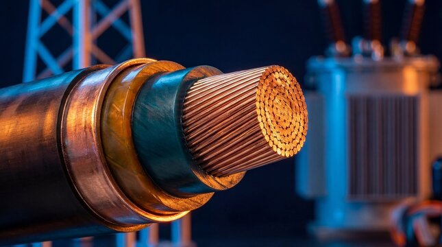 Detailed macro shot showcases the intricate design of a high-voltage cable, its core of conductive copper wires is exposed and a part of transformer station background.