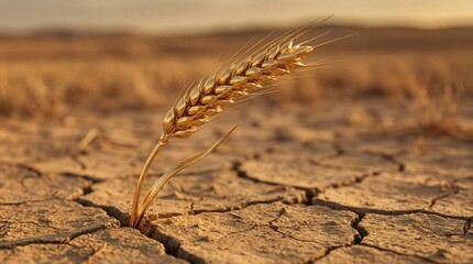 Naklejka premium A resilient stalk of wheat emerges from the arid earth, embodying the power of nature's perseverance and adaptability. A lone wheat spear stands tall in the cracked ground.