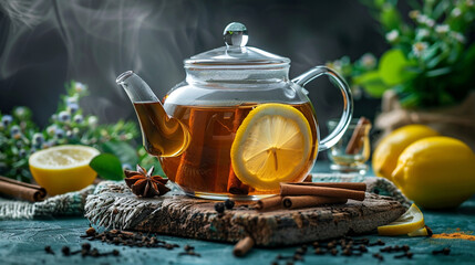 Steaming Tea in Glass Teapot with Lemon and Spices on Wooden Board