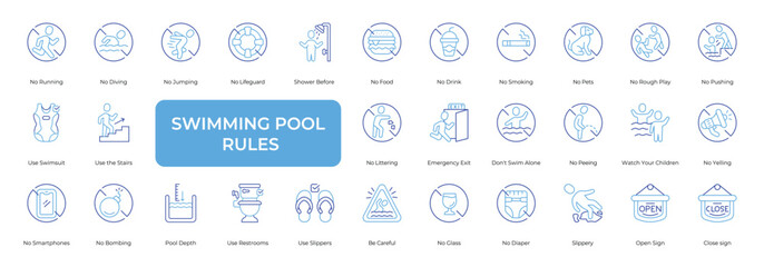 Swimming Pool Rules Icon set Collection in Line Two Color Style. swimming, pool, rules, safety, warning, instruction