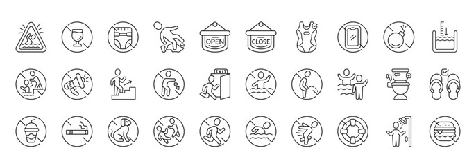 Swimming Pool Rules Icon set Collection in Line Style. swimming, pool, rules, safety, warning, instruction