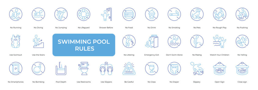 Swimming Pool Rules Icon set Collection in Line Two Color Style. swimming, pool, rules, safety, warning, instruction