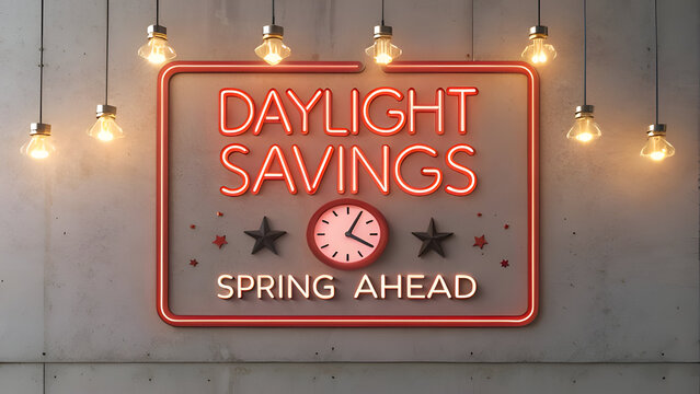 Daylight savings spring ahead neon sign illuminating the annual time change event