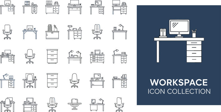 Workspace icon collection featuring office desks ergonomic chairs computer monitors storage cabinets and professional furniture line art symbols, vector
