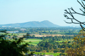 view of lush green agricultural fields and rural landscape with rolling mountains under a clear blue sky. Framed by blurred tree branches in the foreground. Professional scenic shot.
