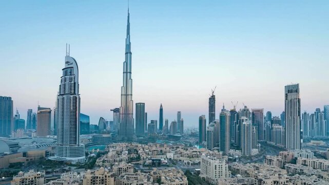Dubai Downtown skyline with Burj Khalifa and other towers panoramic view from the top in Dubai, United Arab Emirates. Traditional and modern buildings.