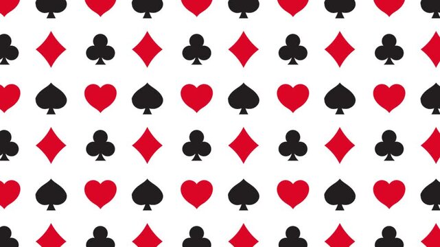 A mesmerizing seamless loop featuring elegant playing card suits&mdash;hearts, diamonds, clubs, and spades&mdash;smoothly morphing into one another. 