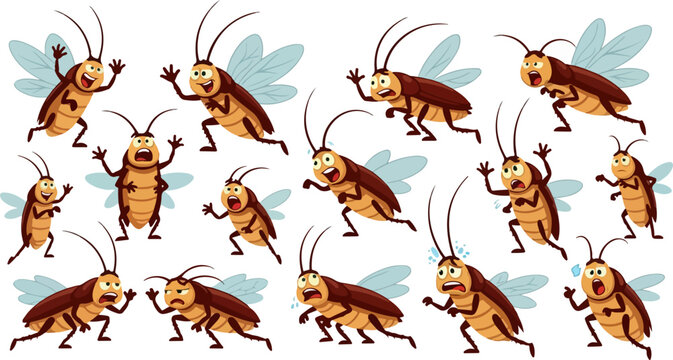 Collection of pixel art animated sprites depicting a brown flying cockroach expressing various intense emotions and running movements for game development