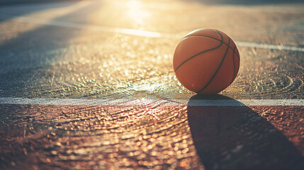 Basketball on outdoor court at golden hour with dramatic shadows and warm sunlight for sports motivation