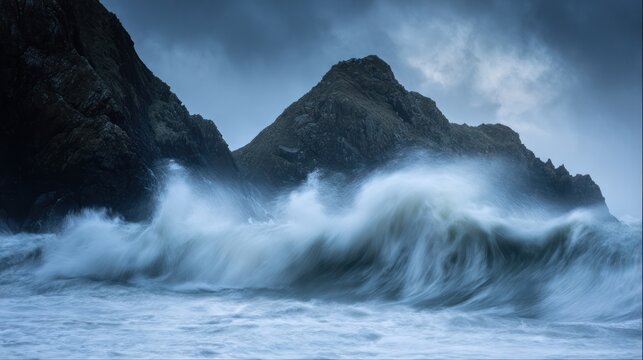 Powerful ocean swell striking rugged coastal cliffs under a dramatic storm sky. travel magazines, destination branding, inspires outdoor exploration.
