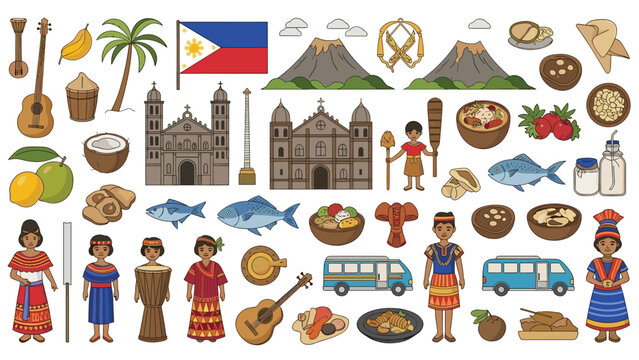 Extensive collection of cultural icons from the Philippines featuring traditional clothing, local food, historic buildings, and nature.