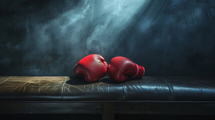 Red Boxing Gloves on Leather Bench in Dramatic Spotlight