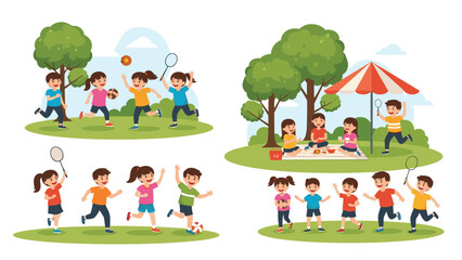 Naklejka premium Multiple scenes of active children playing sports running and enjoying a peaceful picnic together in a bright green park.