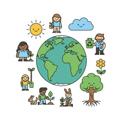 Diverse Kids Plant Trees Around Earth, Eco-Friendly Concept, Sustainability