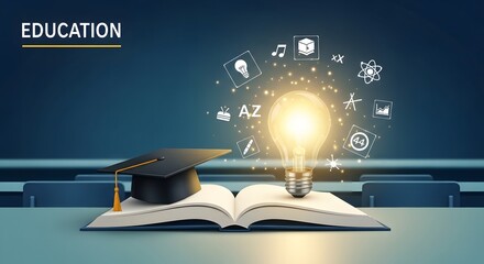Glowing educational scene featuring a radiant lightbulb resting on an open book topped by a graduation hat surrounded by floating online education icons all set in a dreamy