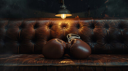 Dark brown leather sofa and boxing gloves  