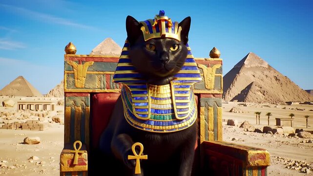 Ancient Egyptian Cat Pharaoh Sits Majestically on Throne in Stunning Desert Scene