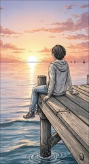 Fototapeta premium Young person observes brilliant sun setting over calm water from wooden pier