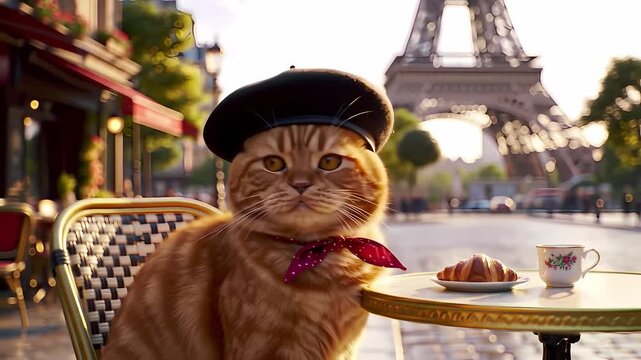 Charming Cat in Beret at Parisian Cafe Enjoying Morning by Eiffel Tower