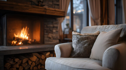 Cozy armchair inviting relaxation by warm fireplace flames