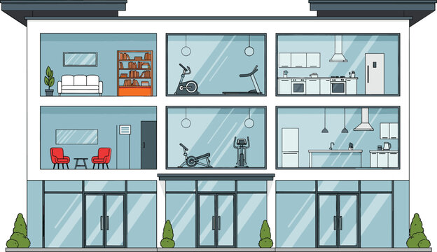 Modern apartment building exterior cross section with interior rooms including gym fitness center kitchen living room and lounge area, vector illustration