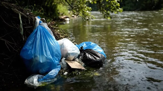 Observe environmental pollution: plastic bags and debris marring a natural riverbank. This visual highlights aquatic contamination, urging action against litter impacting waterways