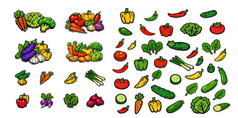 A comprehensive set of colorful hand-drawn vegetable illustrations, clusters and individual icons on a plain white background.