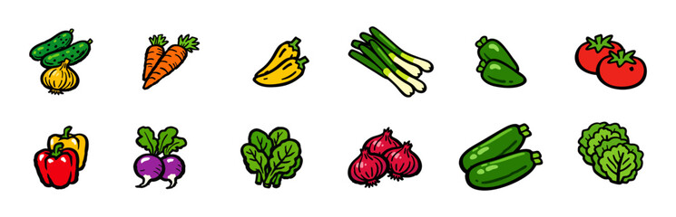 A set of colorful hand-drawn vegetable icons including carrots, tomatoes, peppers, and leafy greens on a white background.