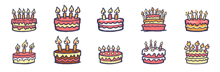 Vector set of colorful hand-drawn doodle birthday cakes with lit candles. Celebration icons for greeting cards and party invitations.