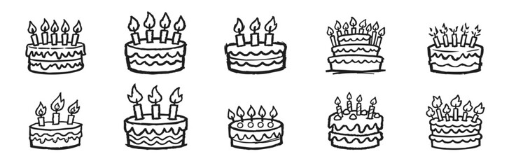 Hand-drawn birthday cake icons with lit candles. Set of simple black and white doodle illustrations for party and celebration designs.