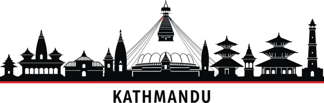 Detailed Kathmandu city skyline silhouette with Boudhanath Stupa and traditional pagodas for Nepal travel and cultural branding vector