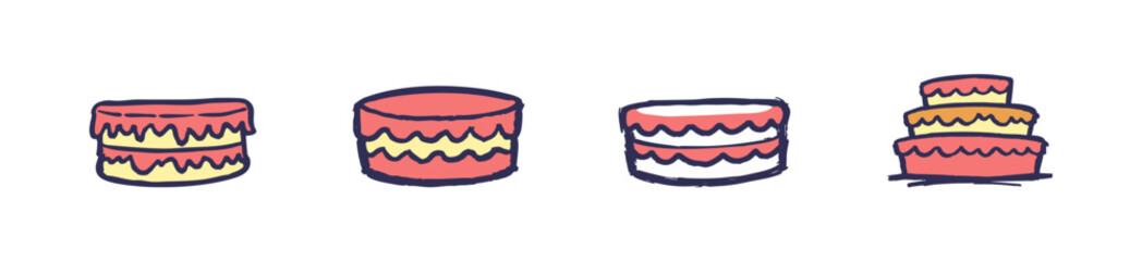 Set of cute hand-drawn cake illustrations in a whimsical doodle style with pink and yellow frosting, including layer cakes and a tiered wedding cake.
