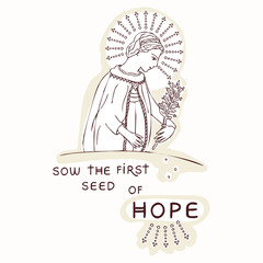 Fototapeta premium Angel of Hope with Lettering of New Year Encouragement card. Hand drawn vector motid for religious faith based graphic design for church, pilgrimage jubilee picture and christian holy mustard seed