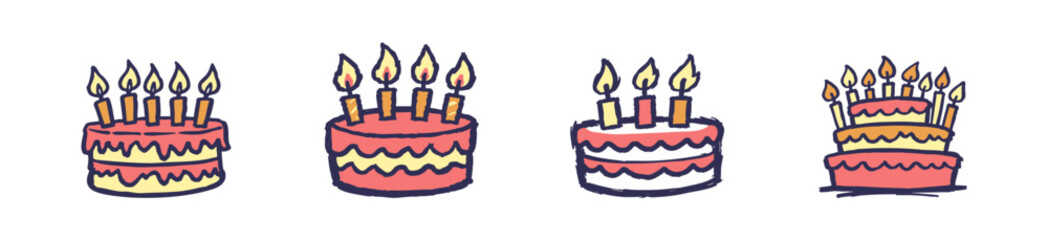 Set of four hand-drawn doodle illustrations of colorful birthday cakes with lit candles, perfect for celebrations and festive designs.