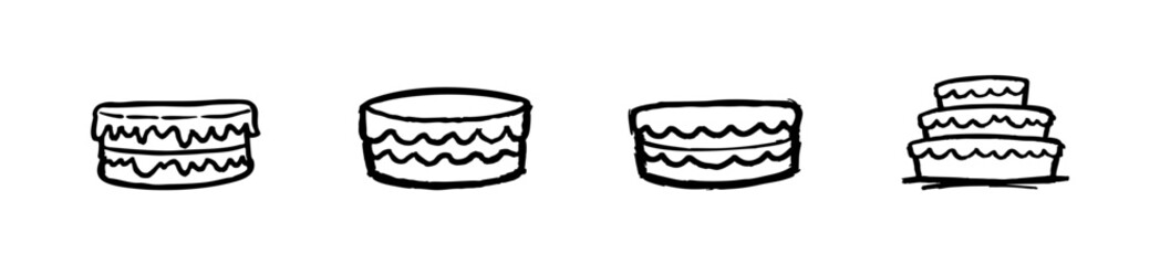 Collection of hand-drawn cake illustrations in black line art style. Features tiered cakes and layered sponge designs with wavy icing.